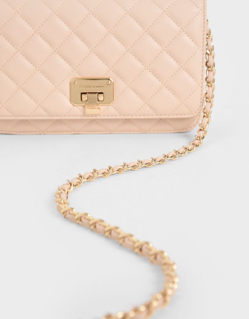 Geanta Clutch Charles & Keith Matlasat Flip-Lock Bej | 501JUVXML