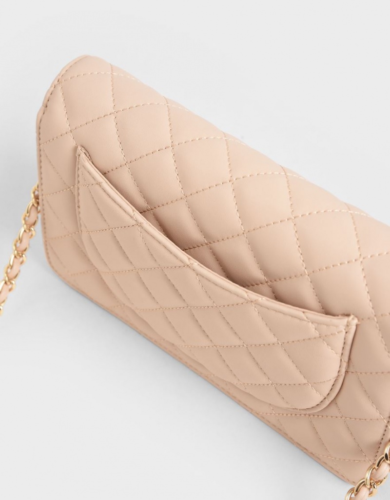 Geanta Clutch Charles & Keith Matlasat Flip-Lock Bej | 501JUVXML