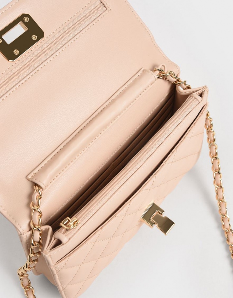 Geanta Clutch Charles & Keith Matlasat Flip-Lock Bej | 501JUVXML