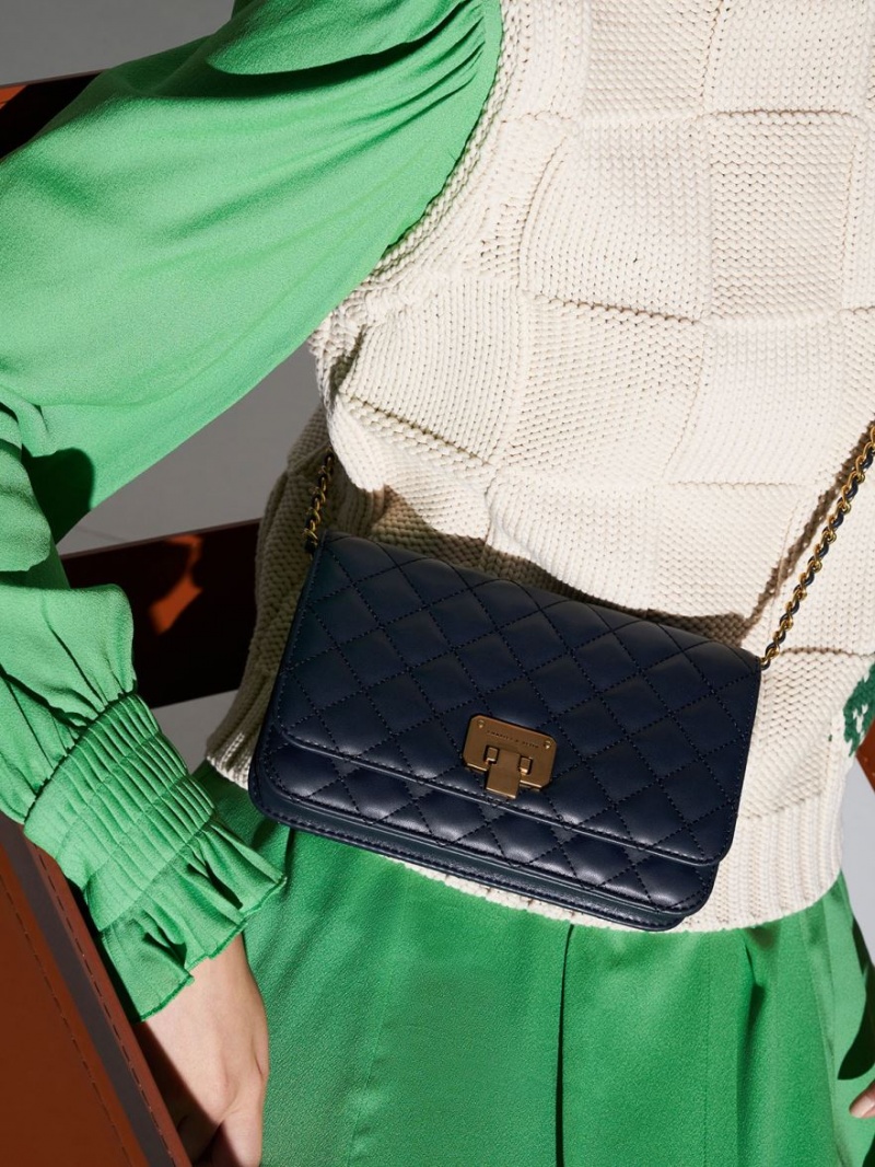 Geanta Clutch Charles & Keith Matlasat Push-Lock Bleumarin | 906VPRTIL