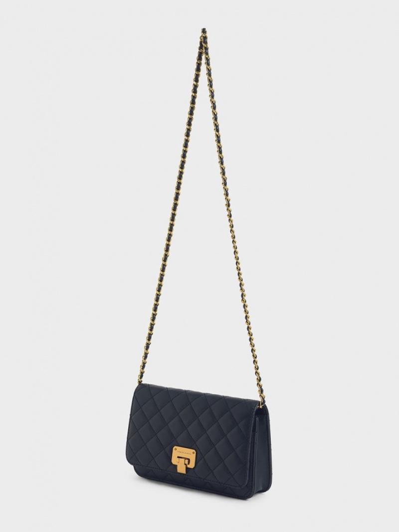 Geanta Clutch Charles & Keith Matlasat Push-Lock Bleumarin | 906VPRTIL