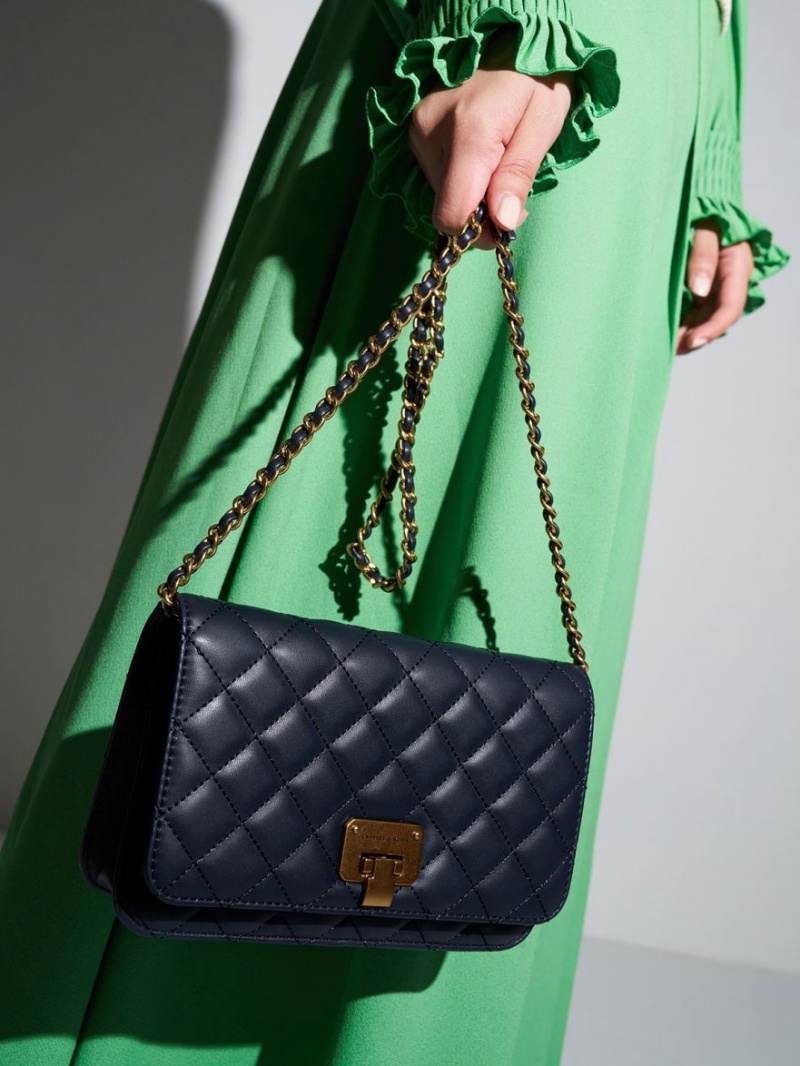 Geanta Clutch Charles & Keith Matlasat Push-Lock Bleumarin | 906VPRTIL