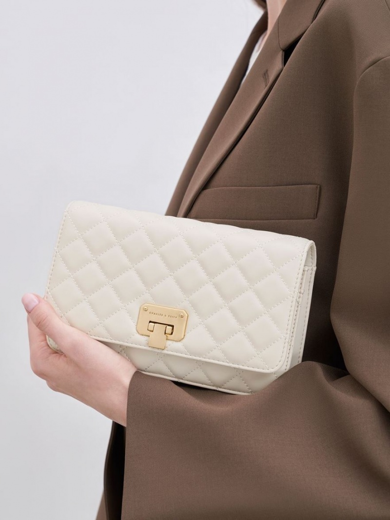 Geanta Clutch Charles & Keith Matlasat Push-Lock Albi | 396GYBJFD