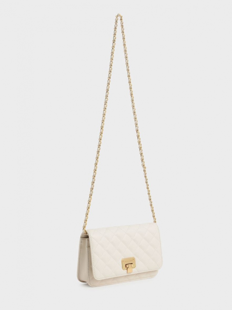 Geanta Clutch Charles & Keith Matlasat Push-Lock Albi | 396GYBJFD