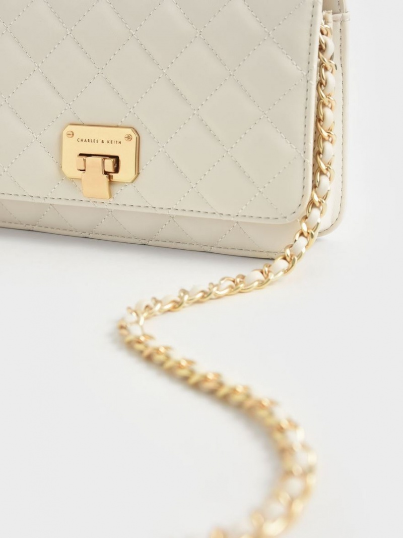 Geanta Clutch Charles & Keith Matlasat Push-Lock Albi | 396GYBJFD