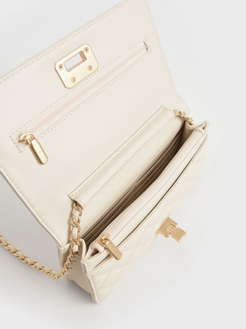 Geanta Clutch Charles & Keith Matlasat Push-Lock Albi | 396GYBJFD