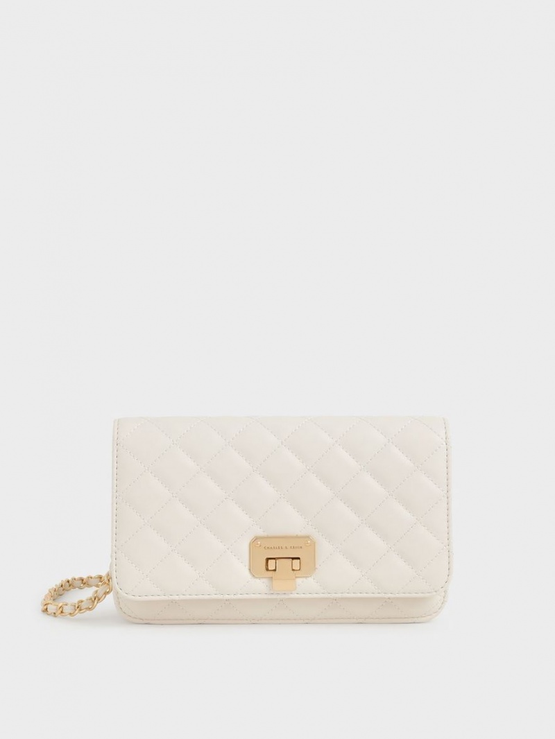 Geanta Clutch Charles & Keith Matlasat Push-Lock Albi | 396GYBJFD