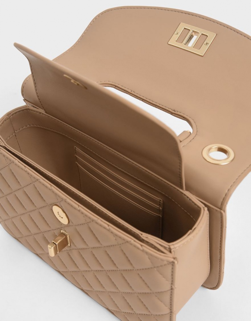 Geanta Clutch Charles & Keith Matlasat Turn-Lock Bej | 658JOEGRL