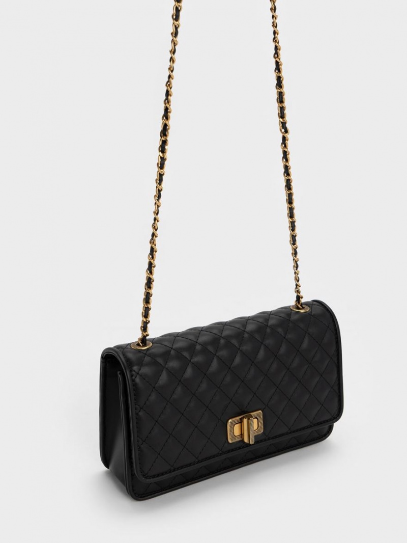 Geanta Clutch Charles & Keith Metallic Turn-Lock Matlasat Negrii | 406DIOFRV
