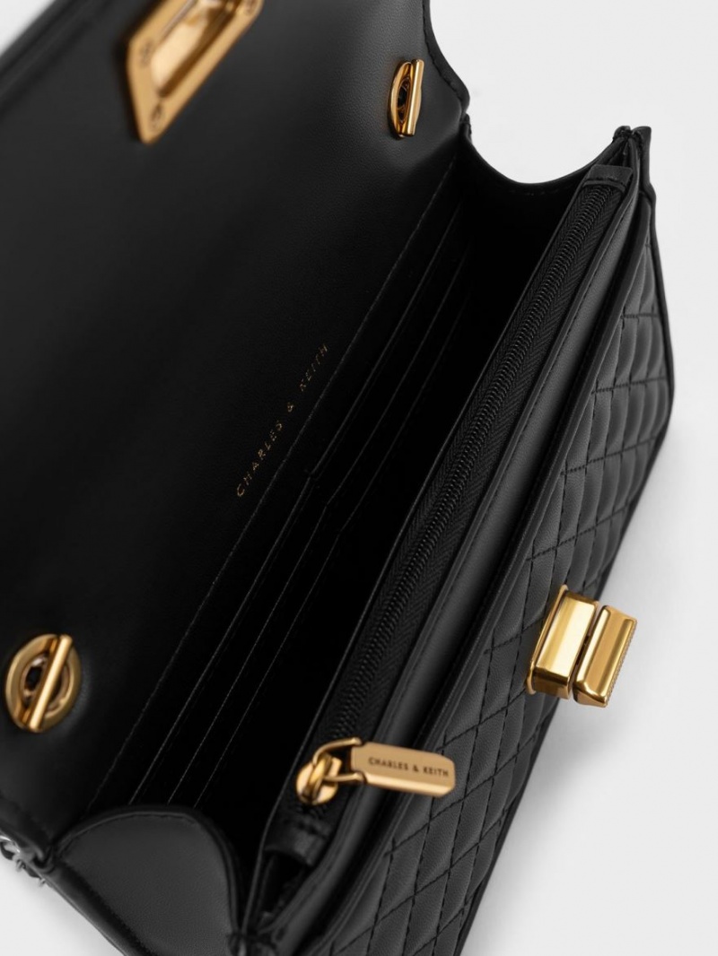 Geanta Clutch Charles & Keith Metallic Turn-Lock Matlasat Negrii | 406DIOFRV