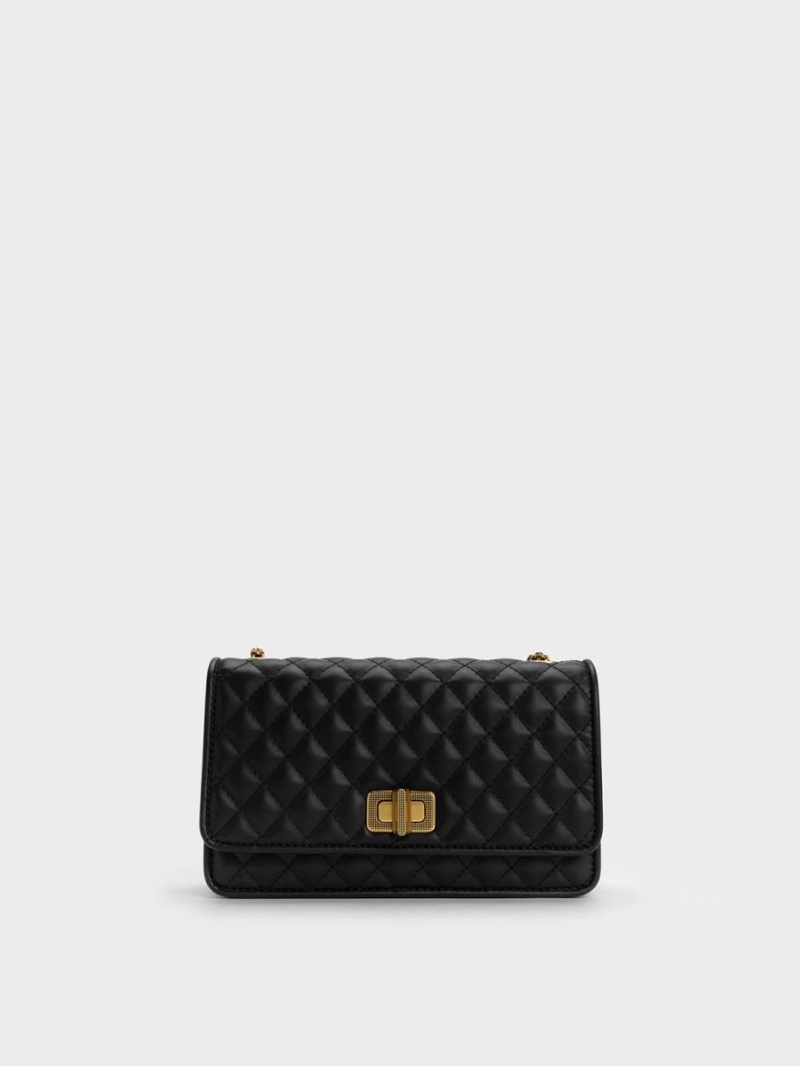 Geanta Clutch Charles & Keith Metallic Turn-Lock Matlasat Negrii | 406DIOFRV