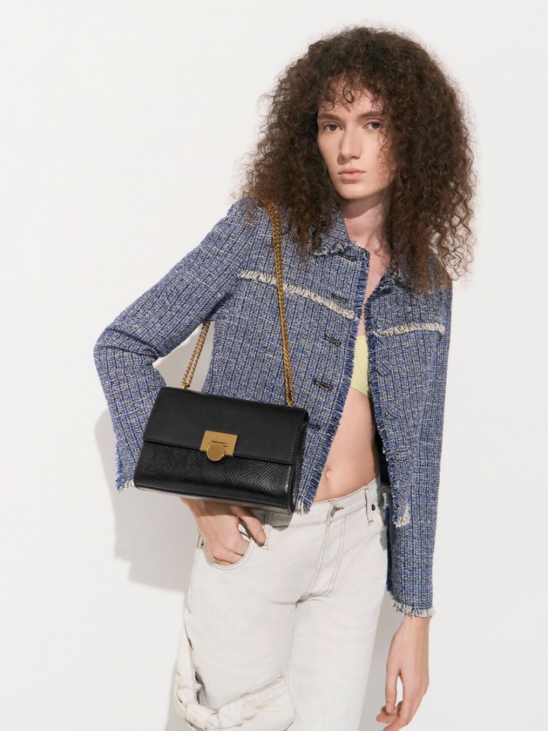 Geanta Clutch Charles & Keith Snake Print Metallic Accent Negrii | 297CYVNIK