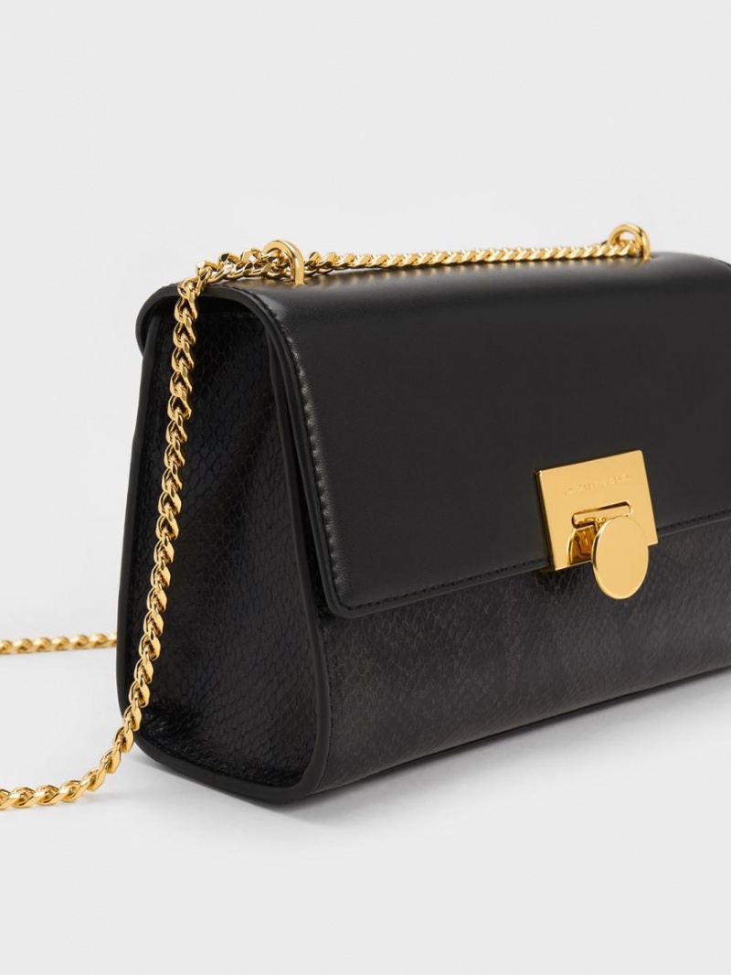 Geanta Clutch Charles & Keith Snake Print Metallic Accent Negrii | 297CYVNIK