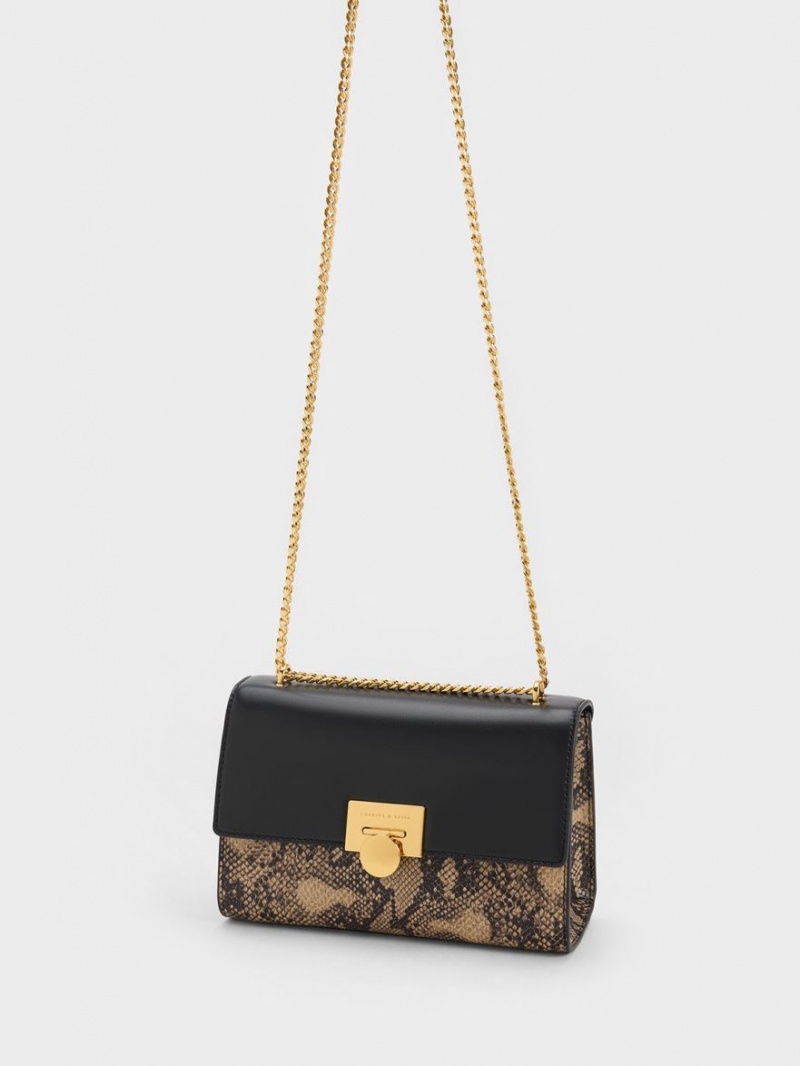 Geanta Clutch Charles & Keith Snake Print Metallic Accent Negrii | 764XFKZHC