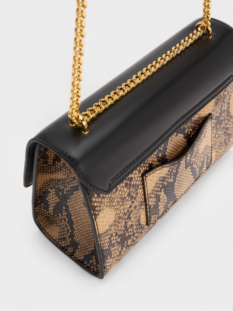 Geanta Clutch Charles & Keith Snake Print Metallic Accent Negrii | 764XFKZHC