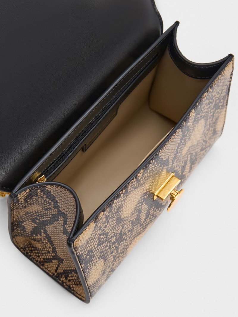 Geanta Clutch Charles & Keith Snake Print Metallic Accent Negrii | 764XFKZHC