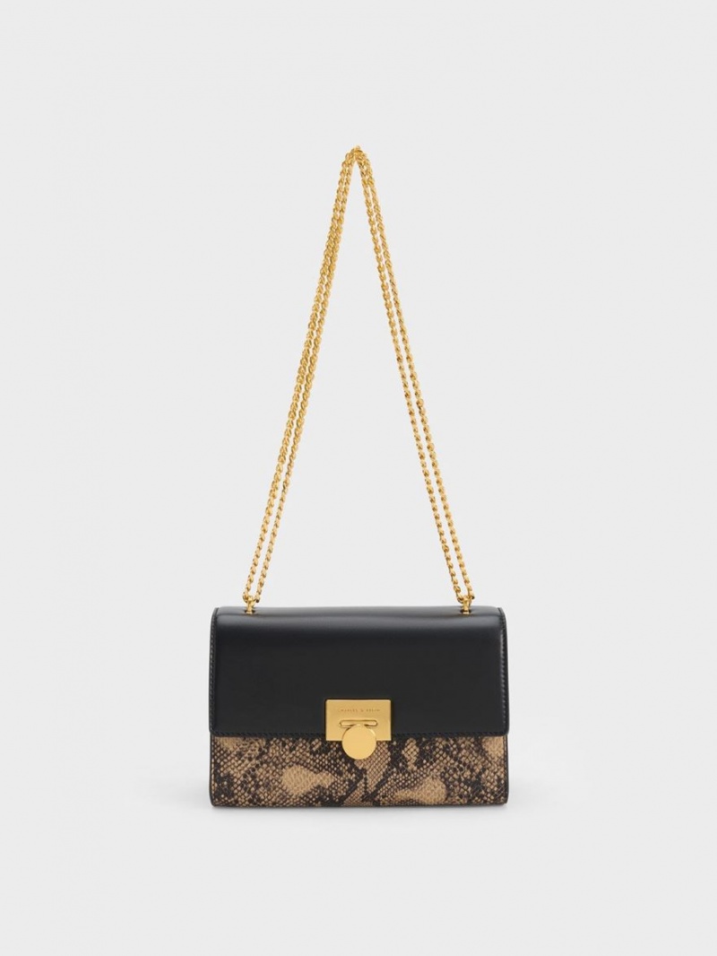Geanta Clutch Charles & Keith Snake Print Metallic Accent Negrii | 764XFKZHC