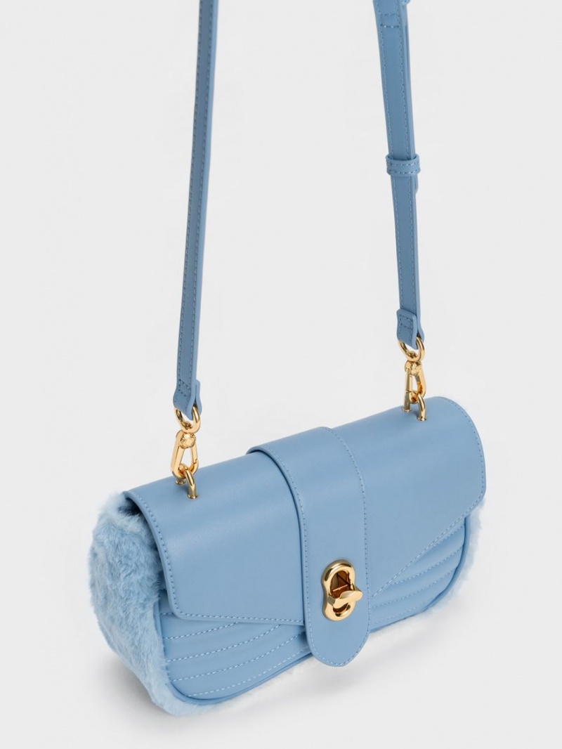 Geanta Crossbody Charles & Keith Aubrielle Fur-Trim Panelled Albastri Deschis | 395AKQSDX