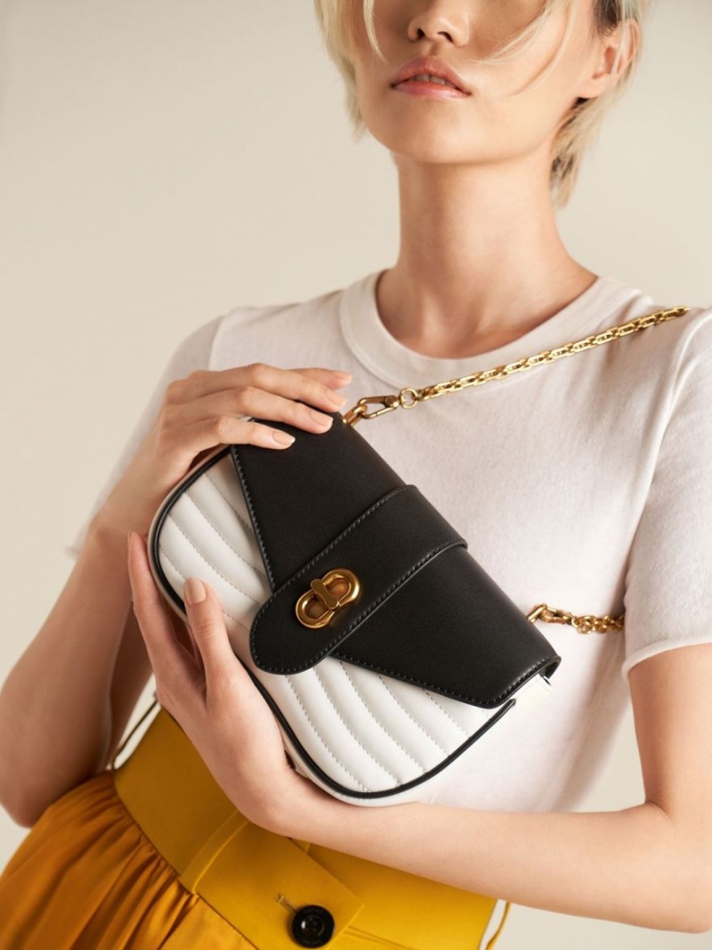 Geanta Crossbody Charles & Keith Aubrielle Panelled Negrii Albi | 504SOFPVD
