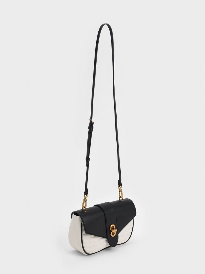 Geanta Crossbody Charles & Keith Aubrielle Panelled Negrii Albi | 504SOFPVD
