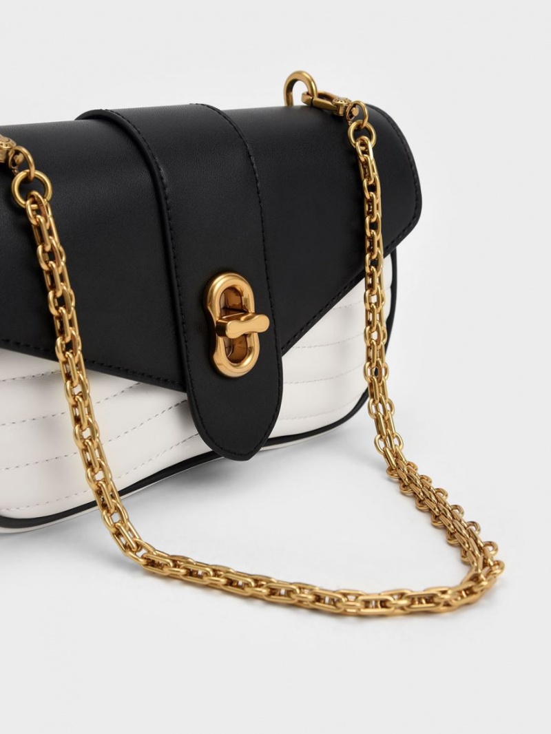 Geanta Crossbody Charles & Keith Aubrielle Panelled Negrii Albi | 504SOFPVD