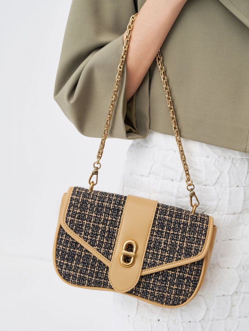 Geanta Crossbody Charles & Keith Aubrielle Tweed Panelled Negrii Bej | 985QNLXHJ