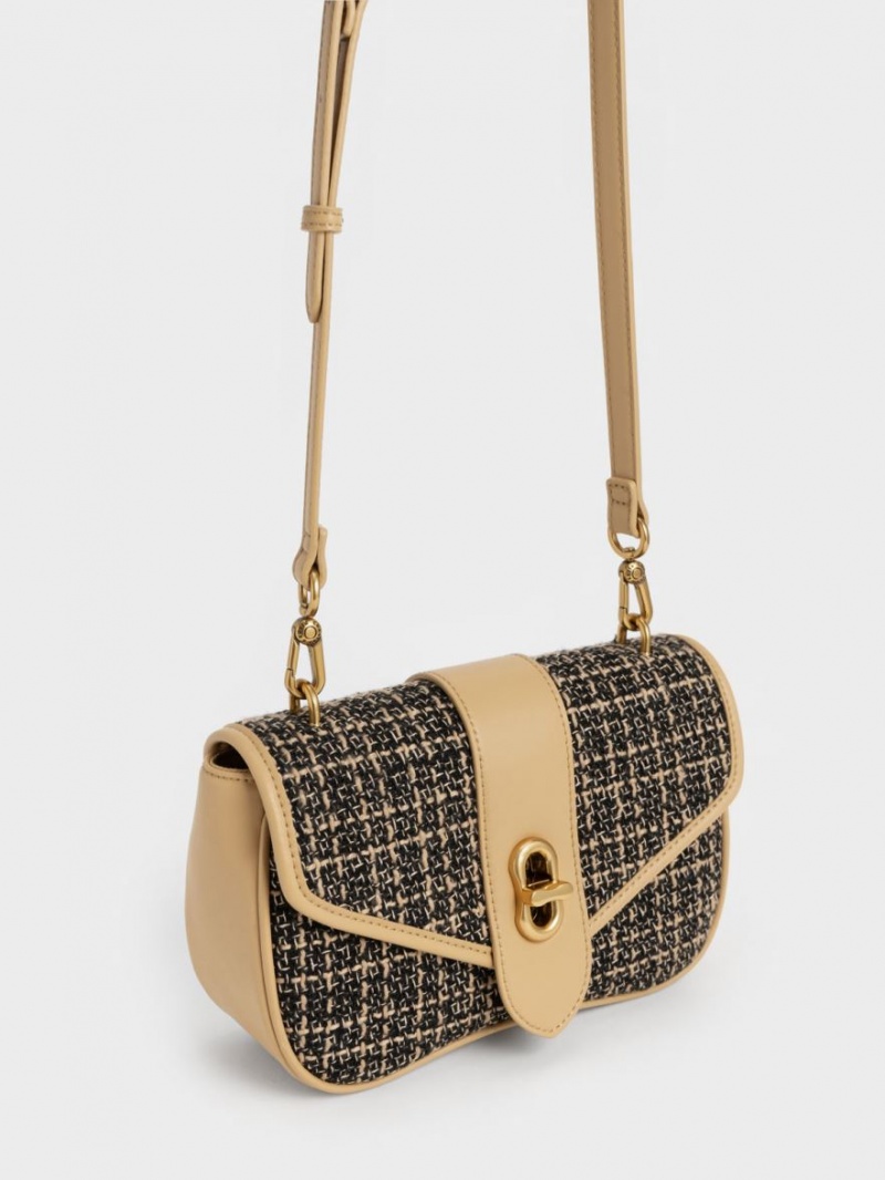 Geanta Crossbody Charles & Keith Aubrielle Tweed Panelled Negrii Bej | 985QNLXHJ