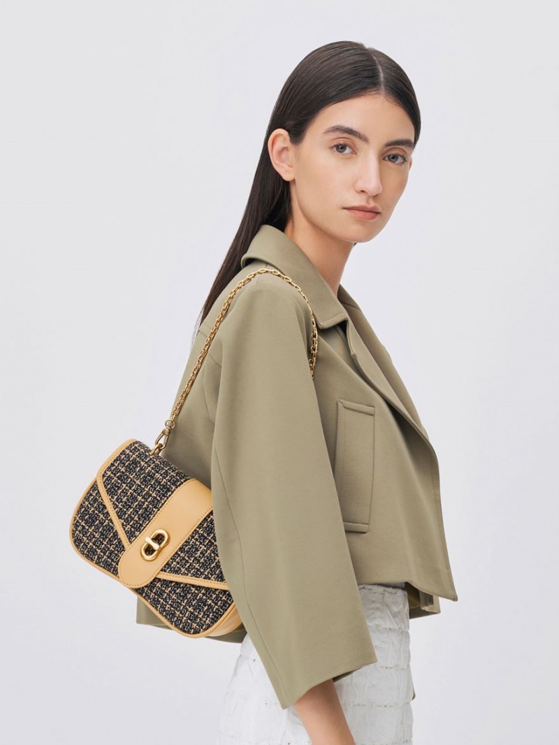 Geanta Crossbody Charles & Keith Aubrielle Tweed Panelled Negrii Bej | 985QNLXHJ