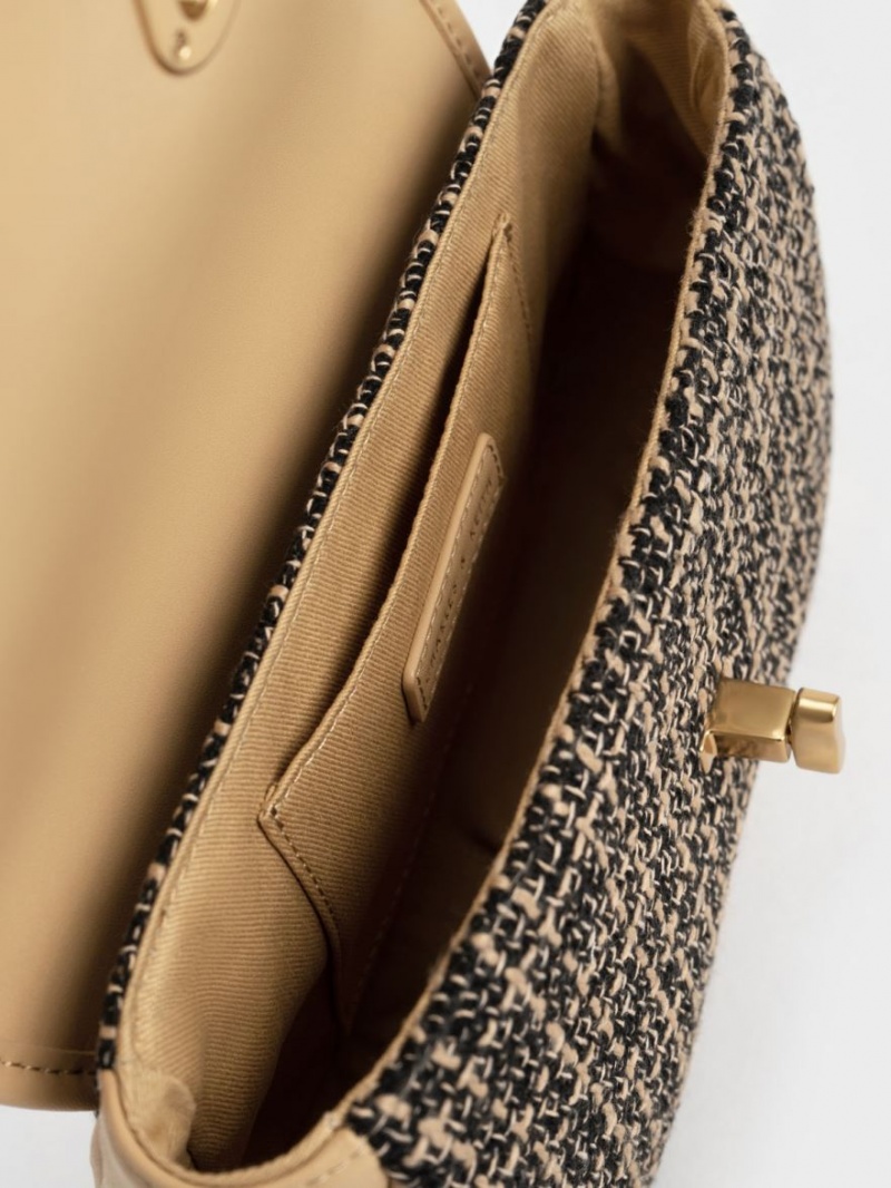 Geanta Crossbody Charles & Keith Aubrielle Tweed Panelled Negrii Bej | 985QNLXHJ