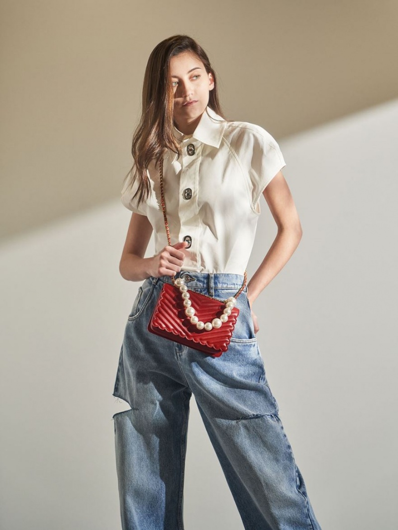 Geanta Crossbody Charles & Keith Beaded Handle Rosii | 347KXNRPF