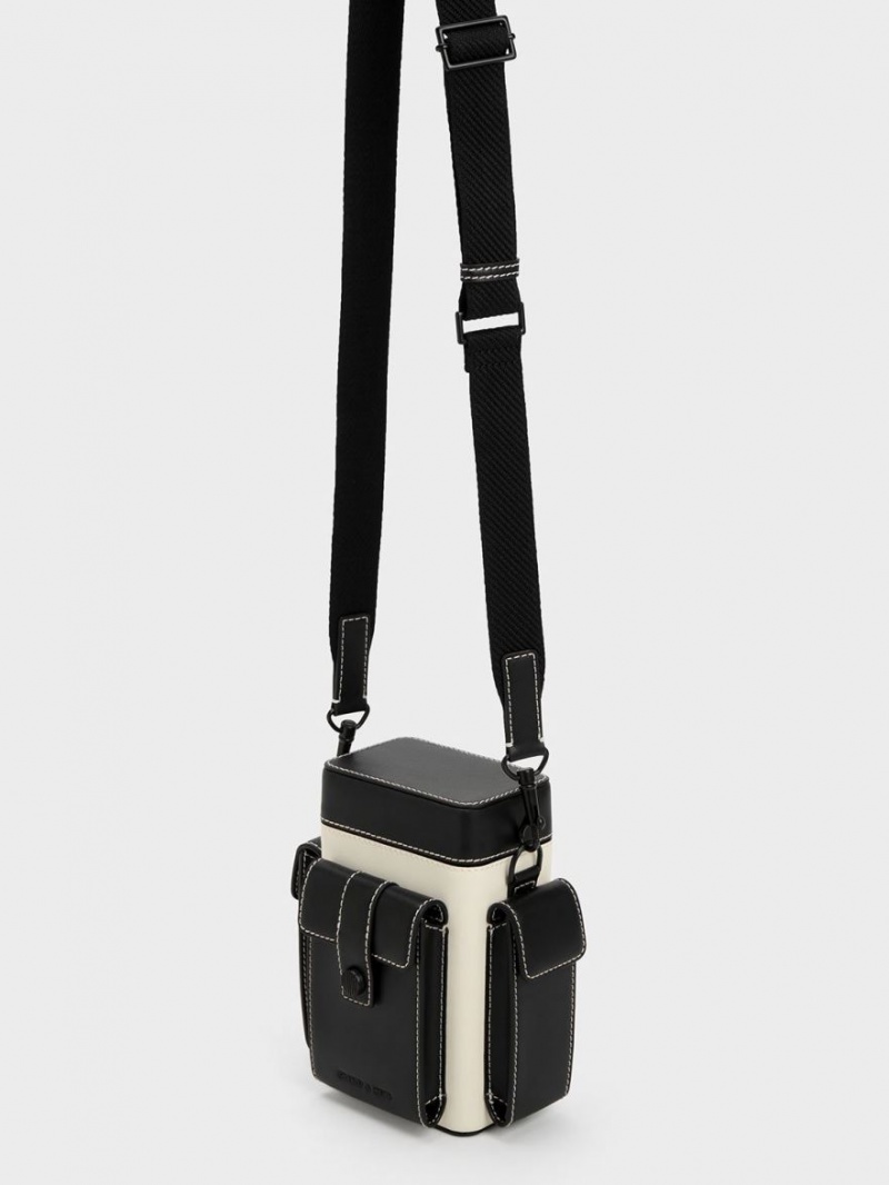 Geanta Crossbody Charles & Keith Bronte Multi-Pocket Negrii Albi | 231PXMRAU