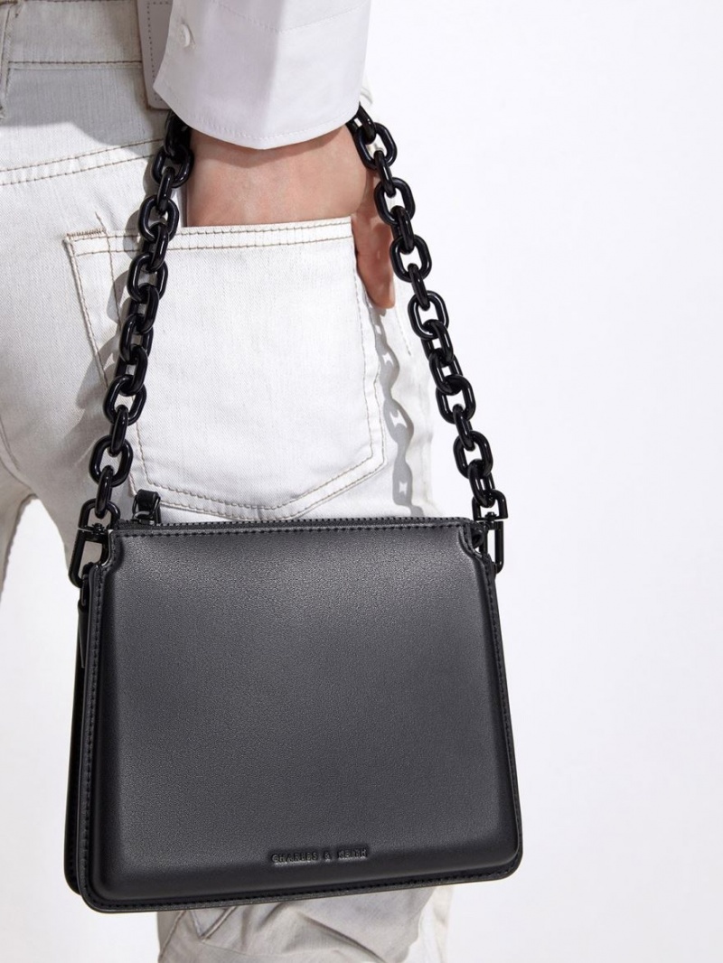 Geanta Crossbody Charles & Keith Camelia Trapeze Negrii | 792YETWZM