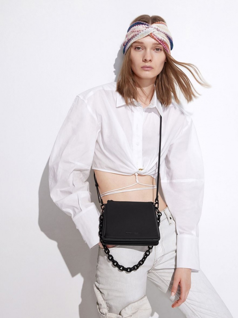 Geanta Crossbody Charles & Keith Camelia Trapeze Negrii | 792YETWZM