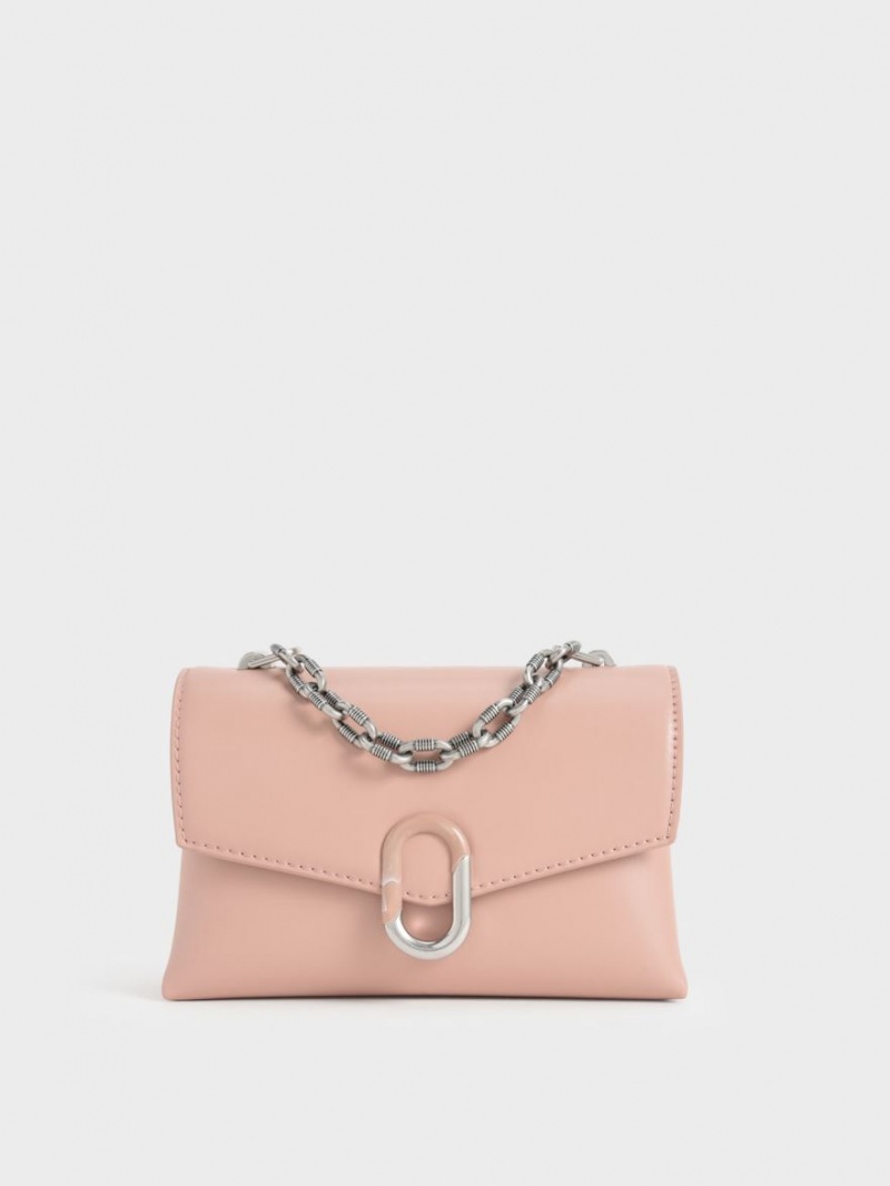 Geanta Crossbody Charles & Keith Chain Curea Envelope Roz | 042ZWOYVJ