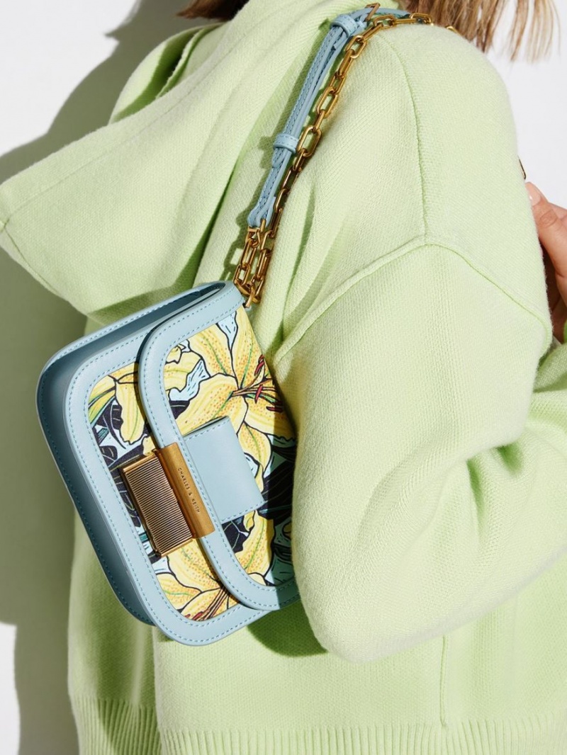 Geanta Crossbody Charles & Keith Charlot Botanical Print Albastri | 852RTXUBJ