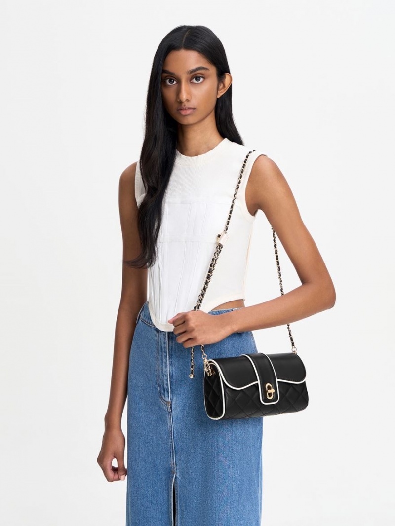 Geanta Crossbody Charles & Keith Contrast-Trim Belted Negrii | 328OJIRBM