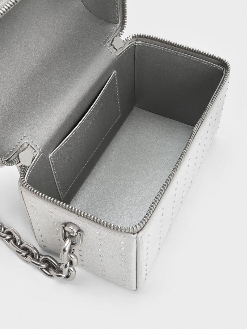 Geanta Crossbody Charles & Keith Căptușită Handle Textured Argintii | 870MQBNCP