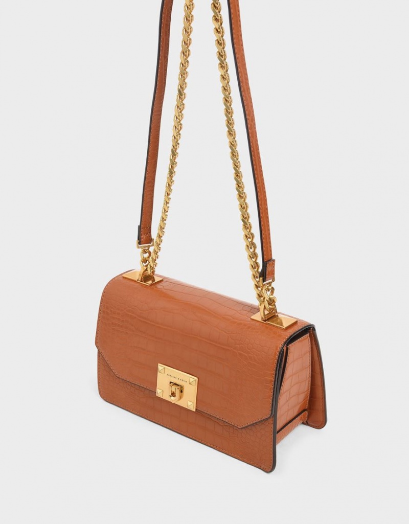Geanta Crossbody Charles & Keith Croc-Effect Chain Curea Maro | 826LCHYXU