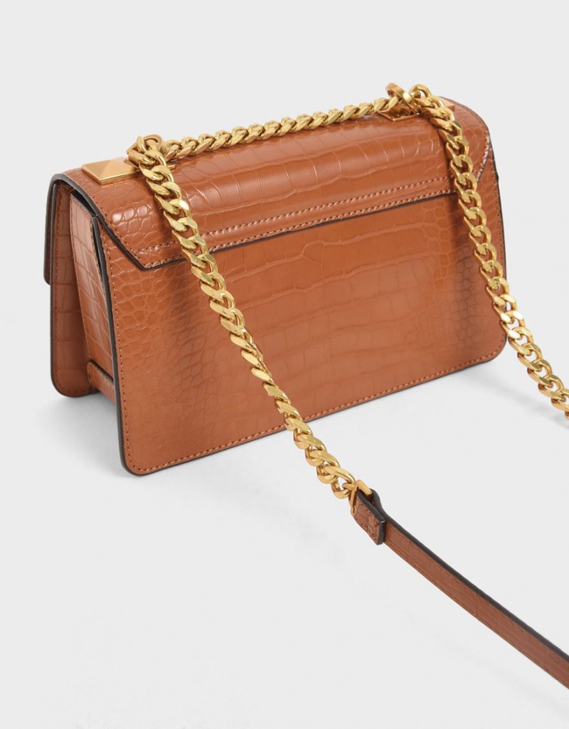 Geanta Crossbody Charles & Keith Croc-Effect Chain Curea Maro | 826LCHYXU
