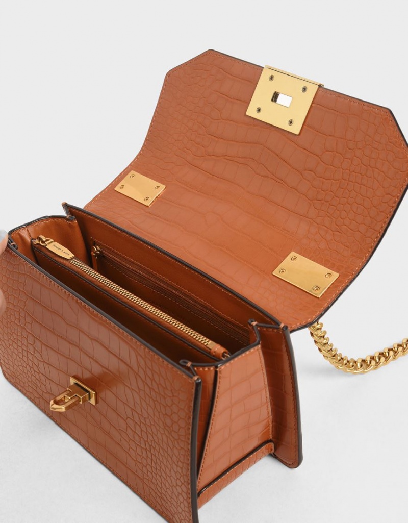 Geanta Crossbody Charles & Keith Croc-Effect Chain Curea Maro | 826LCHYXU