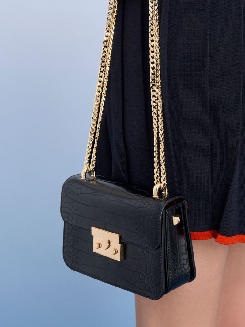 Geanta Crossbody Charles & Keith Croc-Effect Chain Curea Negrii | 536NBIXUQ
