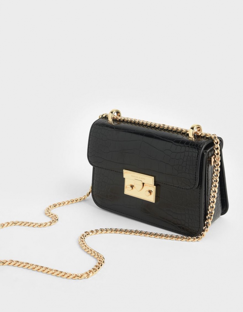 Geanta Crossbody Charles & Keith Croc-Effect Chain Curea Negrii | 536NBIXUQ