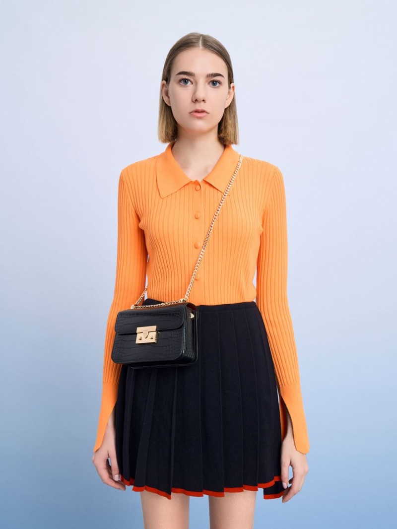 Geanta Crossbody Charles & Keith Croc-Effect Chain Curea Negrii | 536NBIXUQ