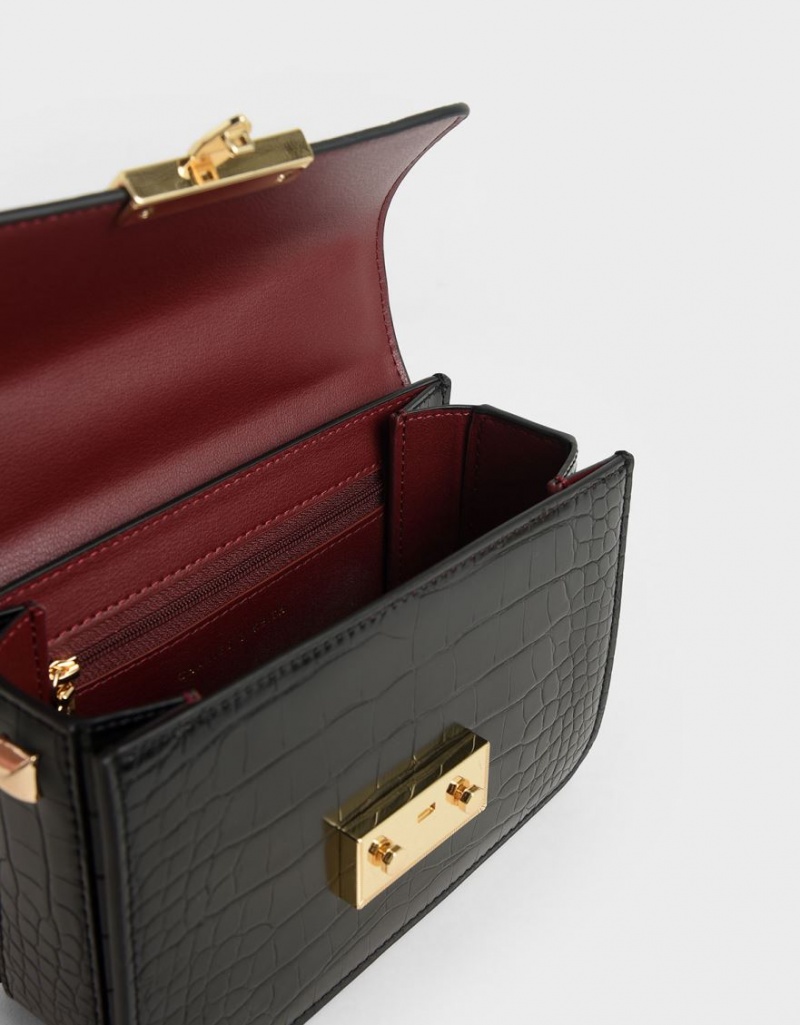 Geanta Crossbody Charles & Keith Croc-Effect Chain Curea Negrii | 536NBIXUQ
