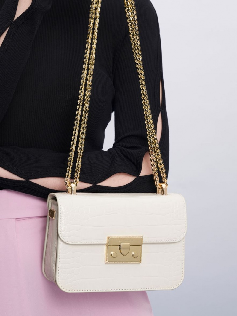 Geanta Crossbody Charles & Keith Croc-Effect Chain Curea Albi | 936KOACJQ