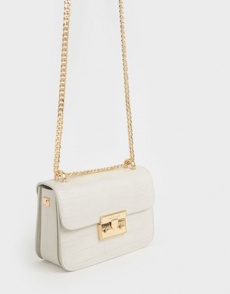 Geanta Crossbody Charles & Keith Croc-Effect Chain Curea Albi | 936KOACJQ