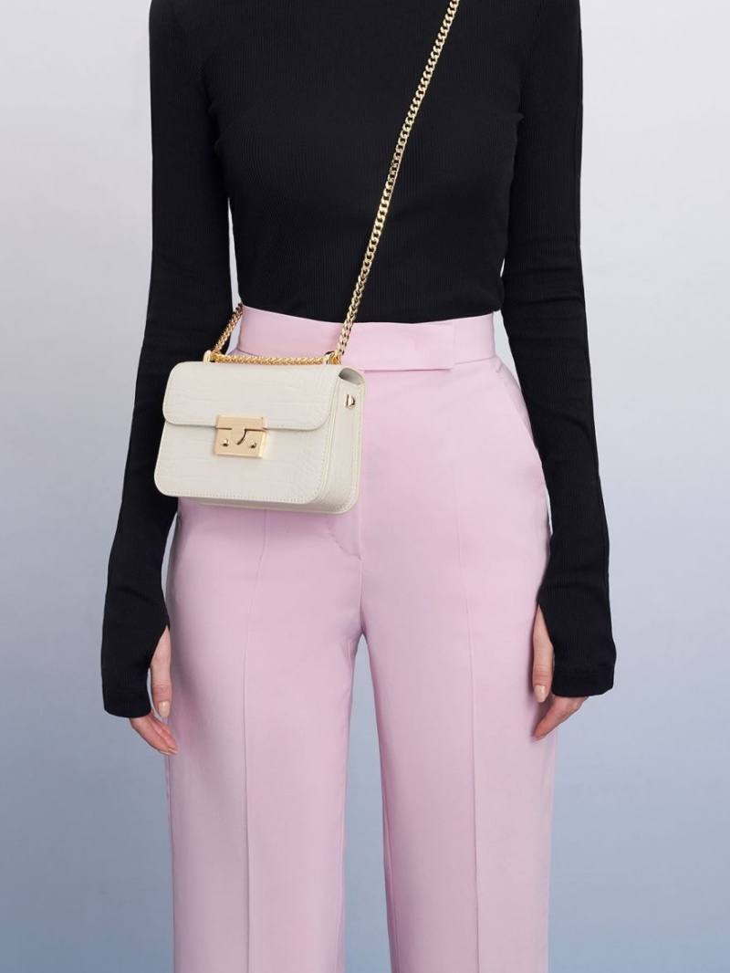 Geanta Crossbody Charles & Keith Croc-Effect Chain Curea Albi | 936KOACJQ
