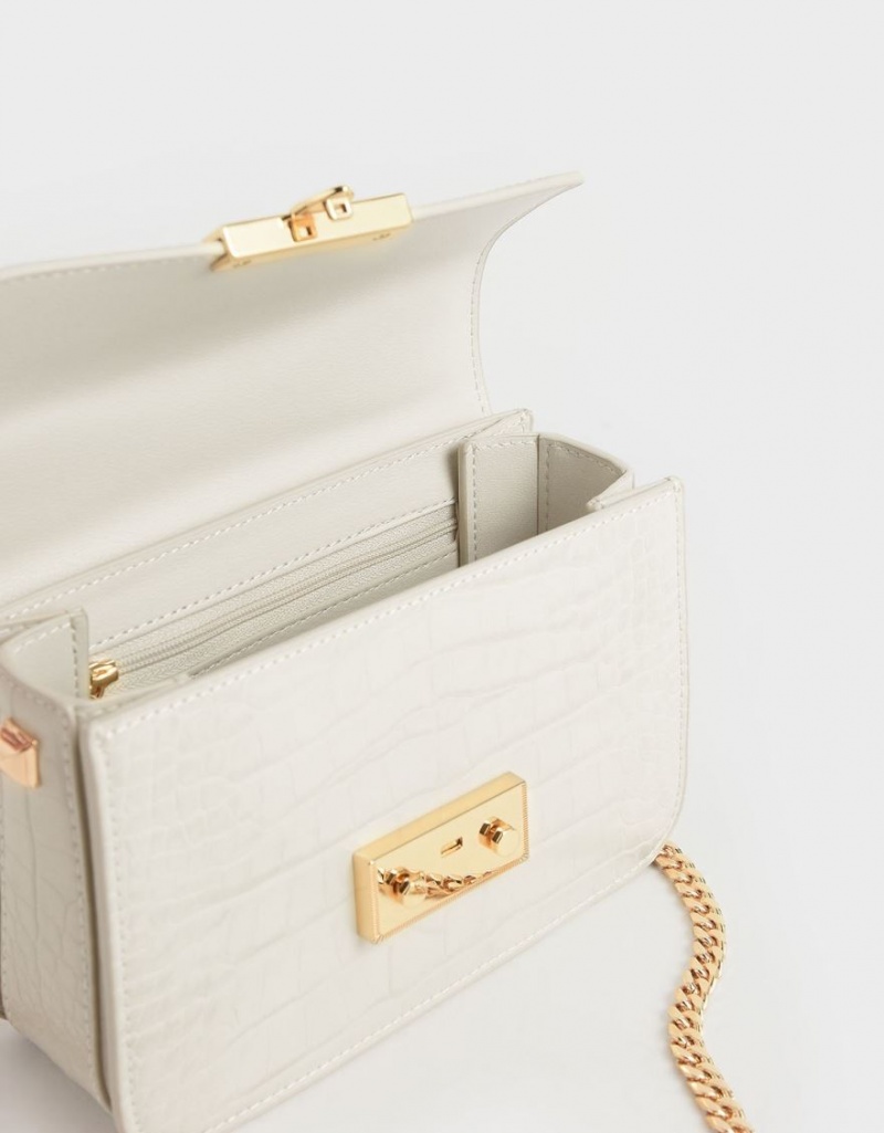 Geanta Crossbody Charles & Keith Croc-Effect Chain Curea Albi | 936KOACJQ