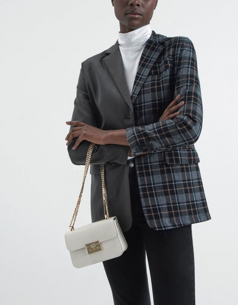 Geanta Crossbody Charles & Keith Croc-Effect Chain Curea Albi | 936KOACJQ