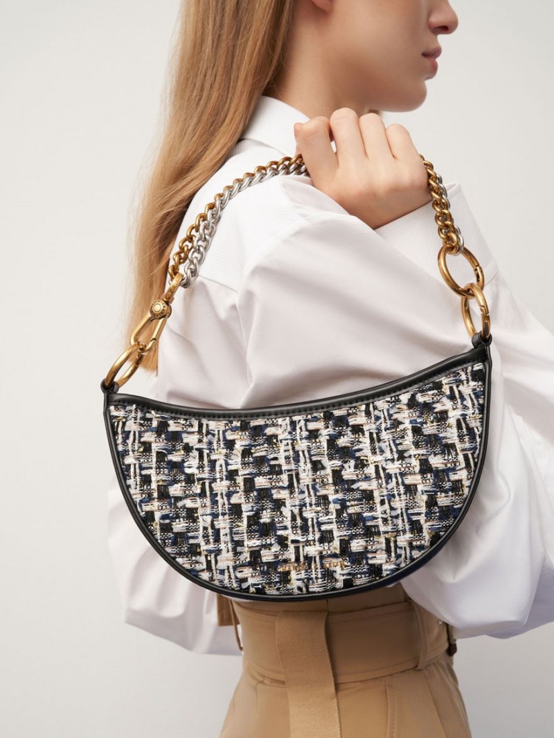 Geanta Crossbody Charles & Keith Dancer Tweed Crescent Bleumarin | 435APRHIW